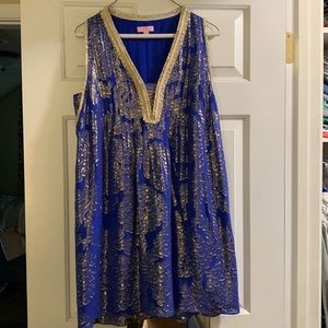 Size Small Lilly Pulitzer blue & gold sleeveless dress! EUC